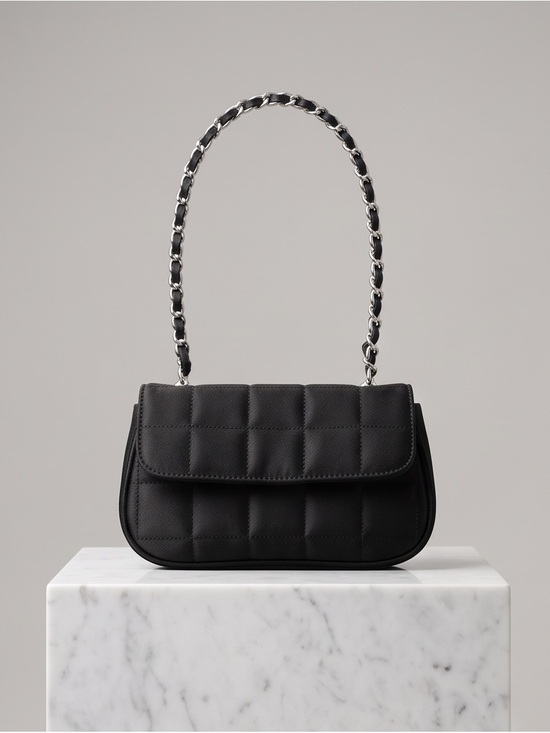 Fairweather Handbags - Fairweather Black Satin Quilted Mini Shoulder Bag Silver Chain
